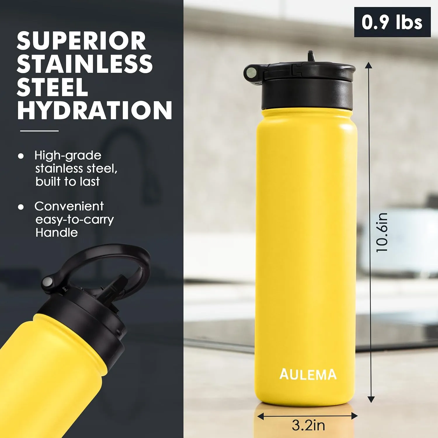 24OZ Stainless Steel Double Wall Insulated Water Bottle, Keeps Drinks Cold 24 Hours/Hot 12 Hours, Leak-Proof, Foldable Straw Lid, Dishwasher Safe, Fits Car Cup Holder, Golden Yellow