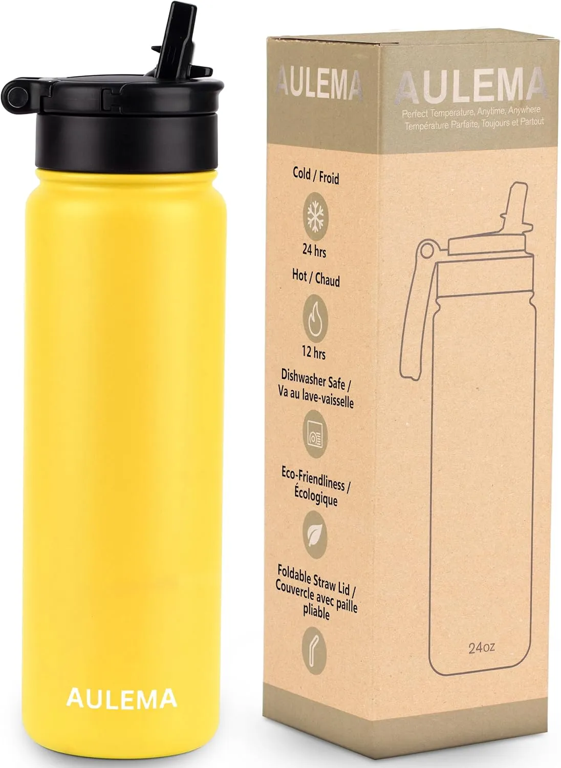 24OZ Stainless Steel Double Wall Insulated Water Bottle, Keeps Drinks Cold 24 Hours/Hot 12 Hours, Leak-Proof, Foldable Straw Lid, Dishwasher Safe, Fits Car Cup Holder, Golden Yellow