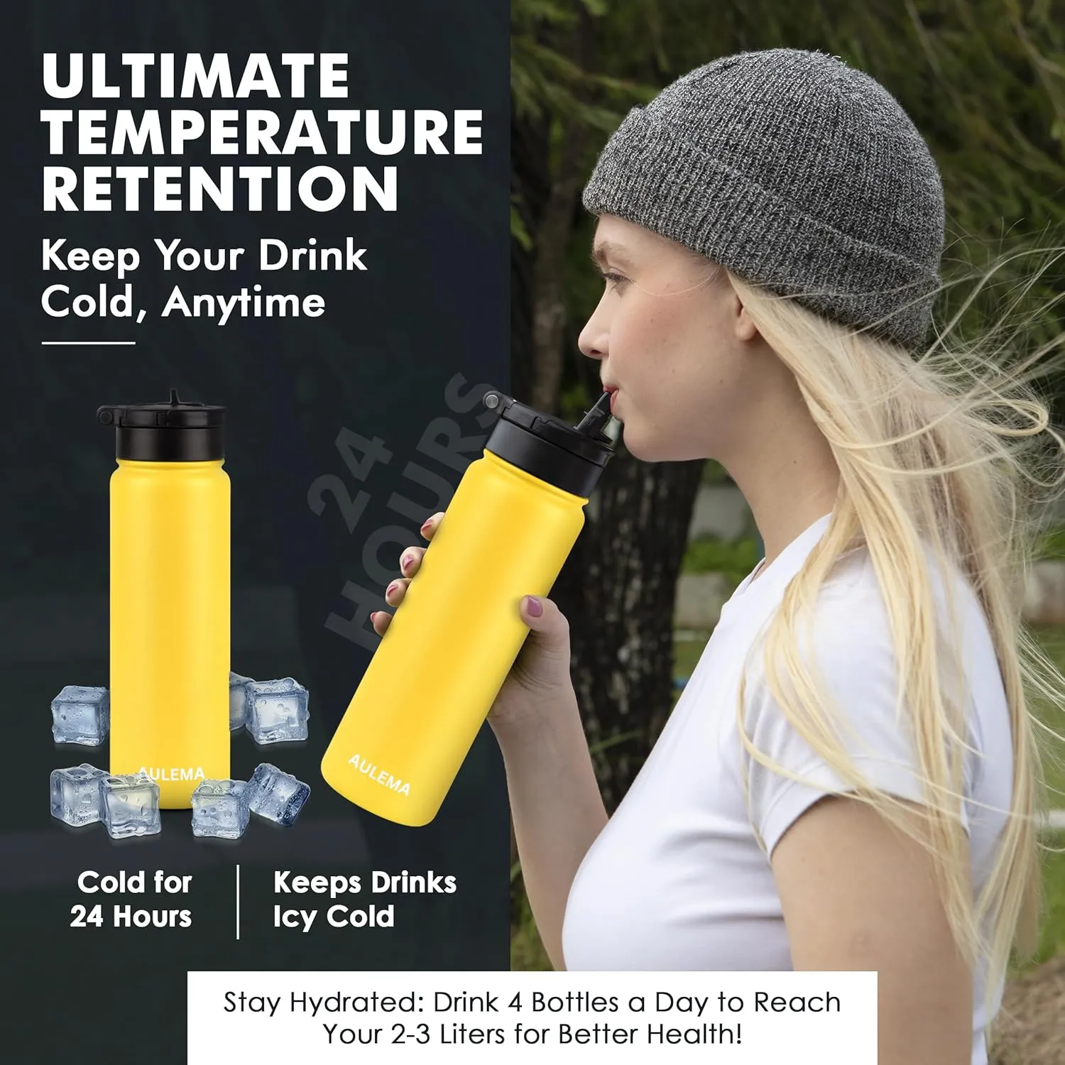 24OZ Stainless Steel Double Wall Insulated Water Bottle, Keeps Drinks Cold 24 Hours/Hot 12 Hours, Leak-Proof, Foldable Straw Lid, Dishwasher Safe, Fits Car Cup Holder, Golden Yellow