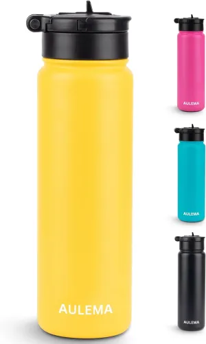 24OZ Stainless Steel Double Wall Insulated Water Bottle, Keeps Drinks Cold 24 Hours/Hot 12 Hours, Leak-Proof, Foldable Straw Lid, Dishwasher Safe, Fits Car Cup Holder, Golden Yellow