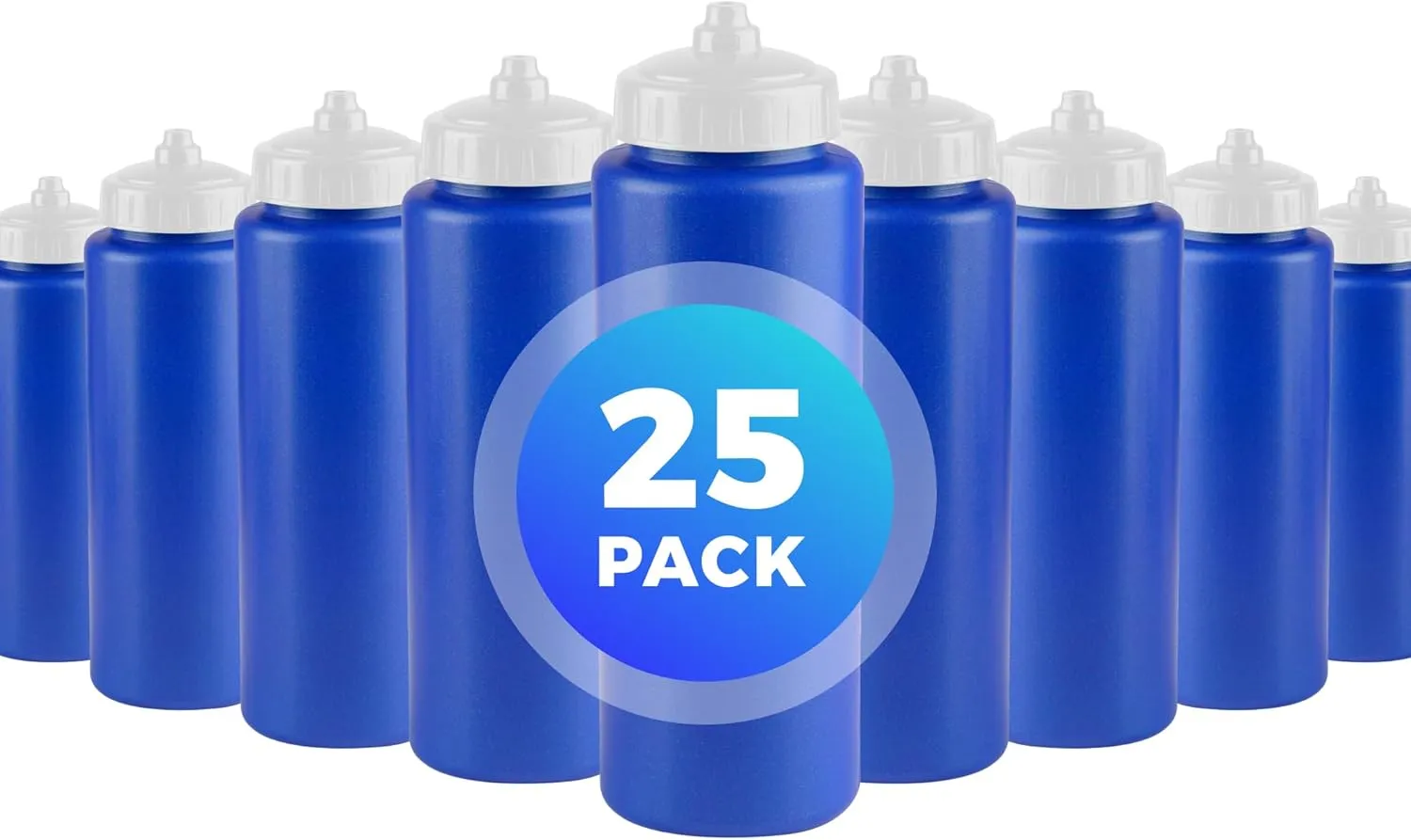 25-Pack, 32 oz Water Bottles, BPA Free Squeeze Bottle, Blue Water Bottle with White Lid, Made in USA by Gary Plastic Packaging