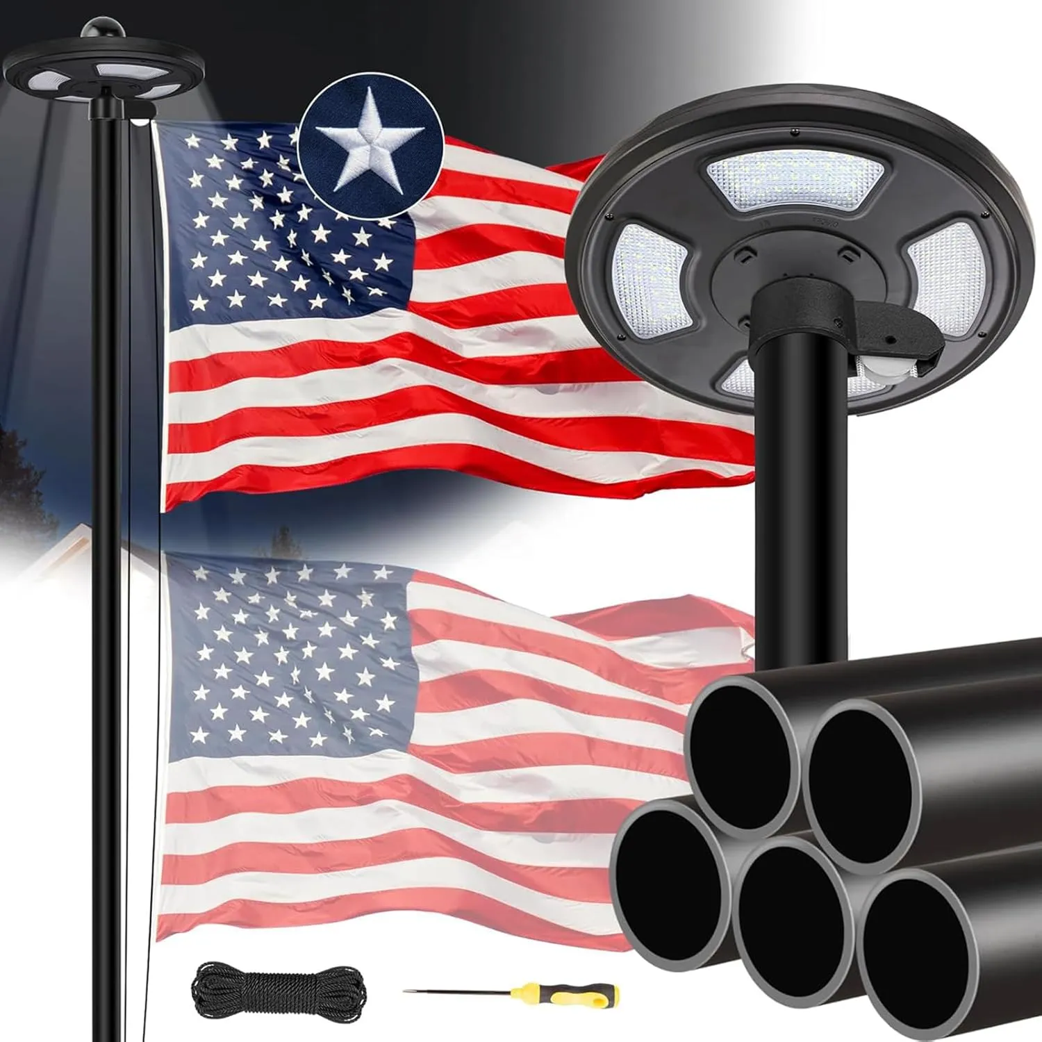25FT Black Heavy Duty Flag Pole Kit with 3x5 Ft American Flag & Solar Light - 12 Gauge Aluminum Tubing, Resistance High Winds, Hardware Flagpole Set for Residential Commercial Outdoor Ready