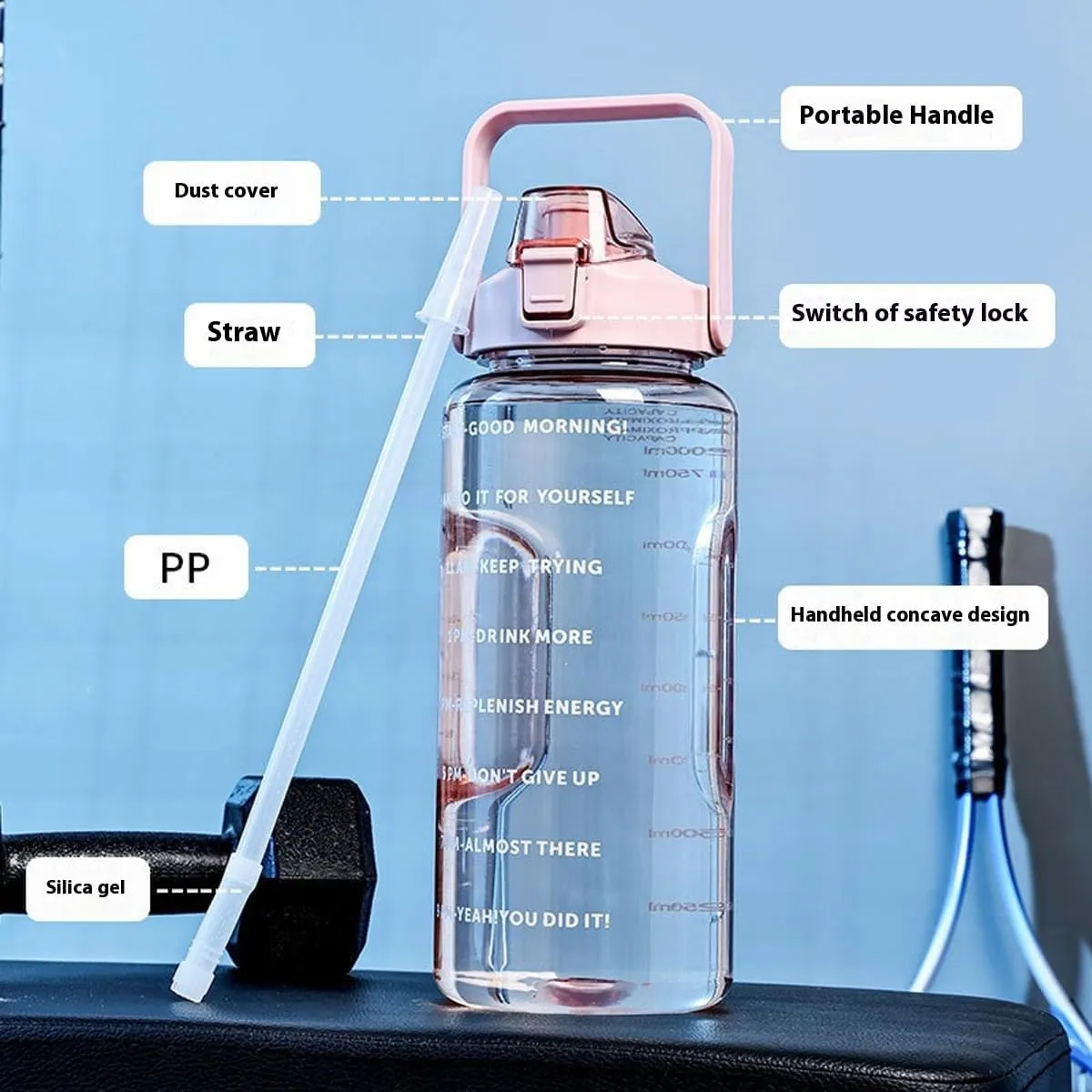 2L/2000ml Water Bottle with Time Markers, BPA-Free, Leak-Proof Straw Lid, Easy Carry Handle, Ideal for Fitness, Hiking, Travel, and Daily Hydration Goals (Green)