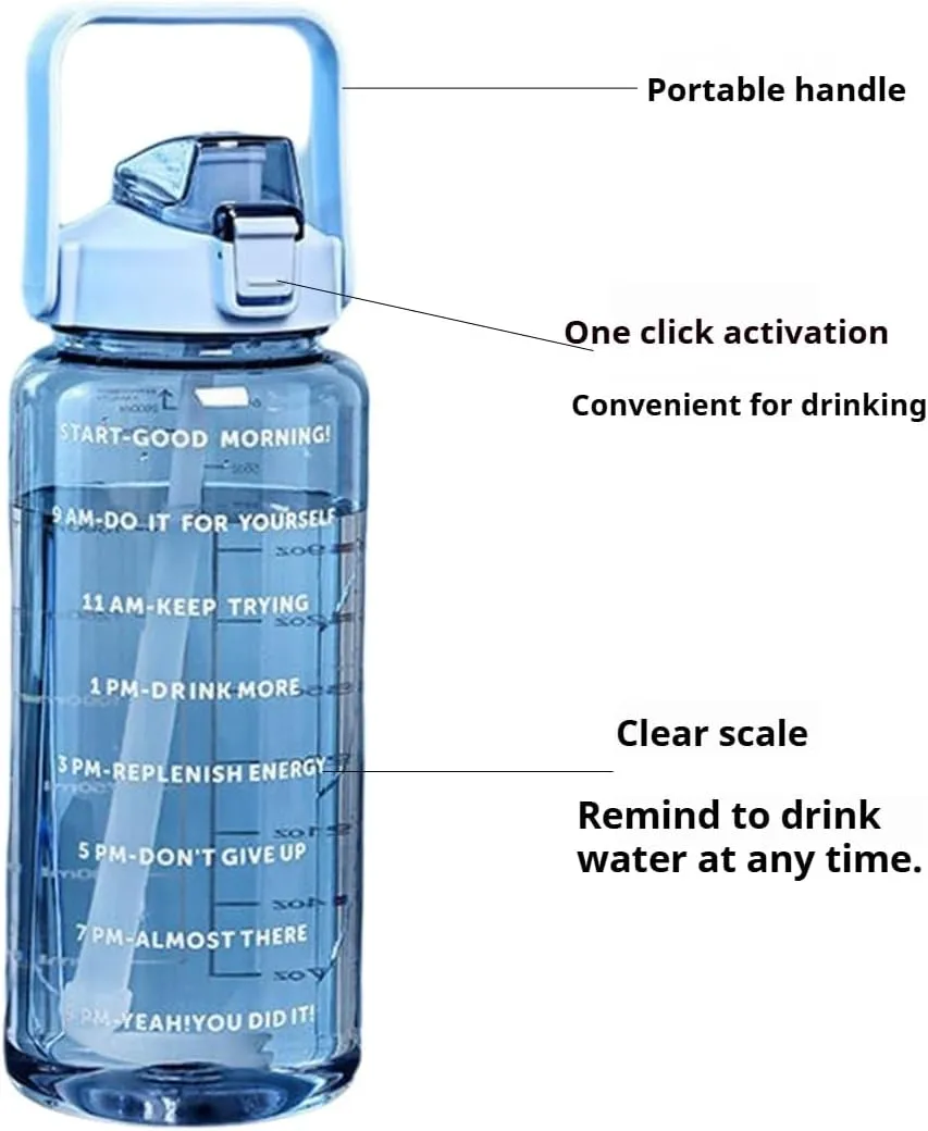 2L/2000ml Water Bottle with Time Markers, BPA-Free, Leak-Proof Straw Lid, Easy Carry Handle, Ideal for Fitness, Hiking, Travel, and Daily Hydration Goals (Green)