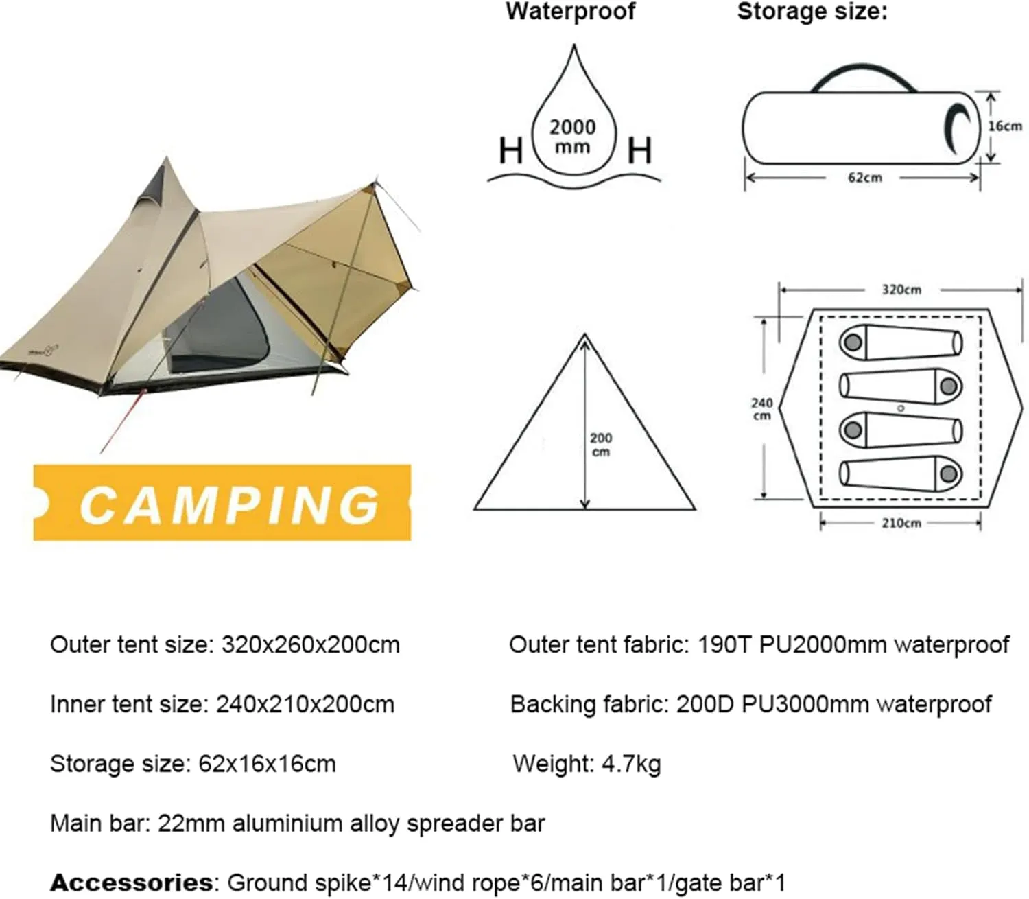 3-4 Person Camping Family Teepee Tent Outdoor Double Layers Indian Tipi Tent Suitable for Camping Hiking Holidays