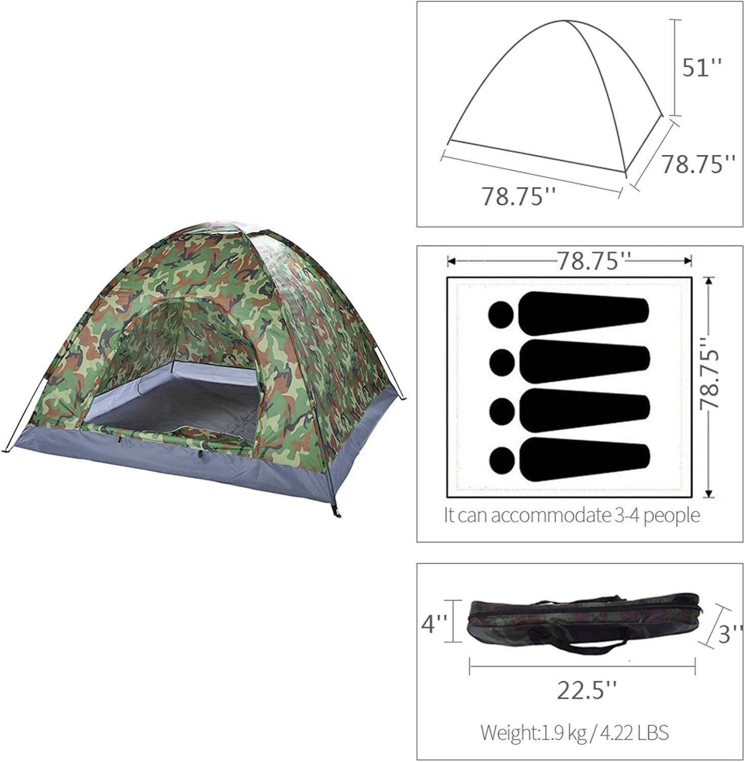 3-4 Person Camping Tent, Automatic Family Tent, All-Weather Instant Pop Up Waterproof Sun Shelter Tents with Mesh Layer and Carrying Bag, Outdoor Beach Tents for Hiking Travel Activities