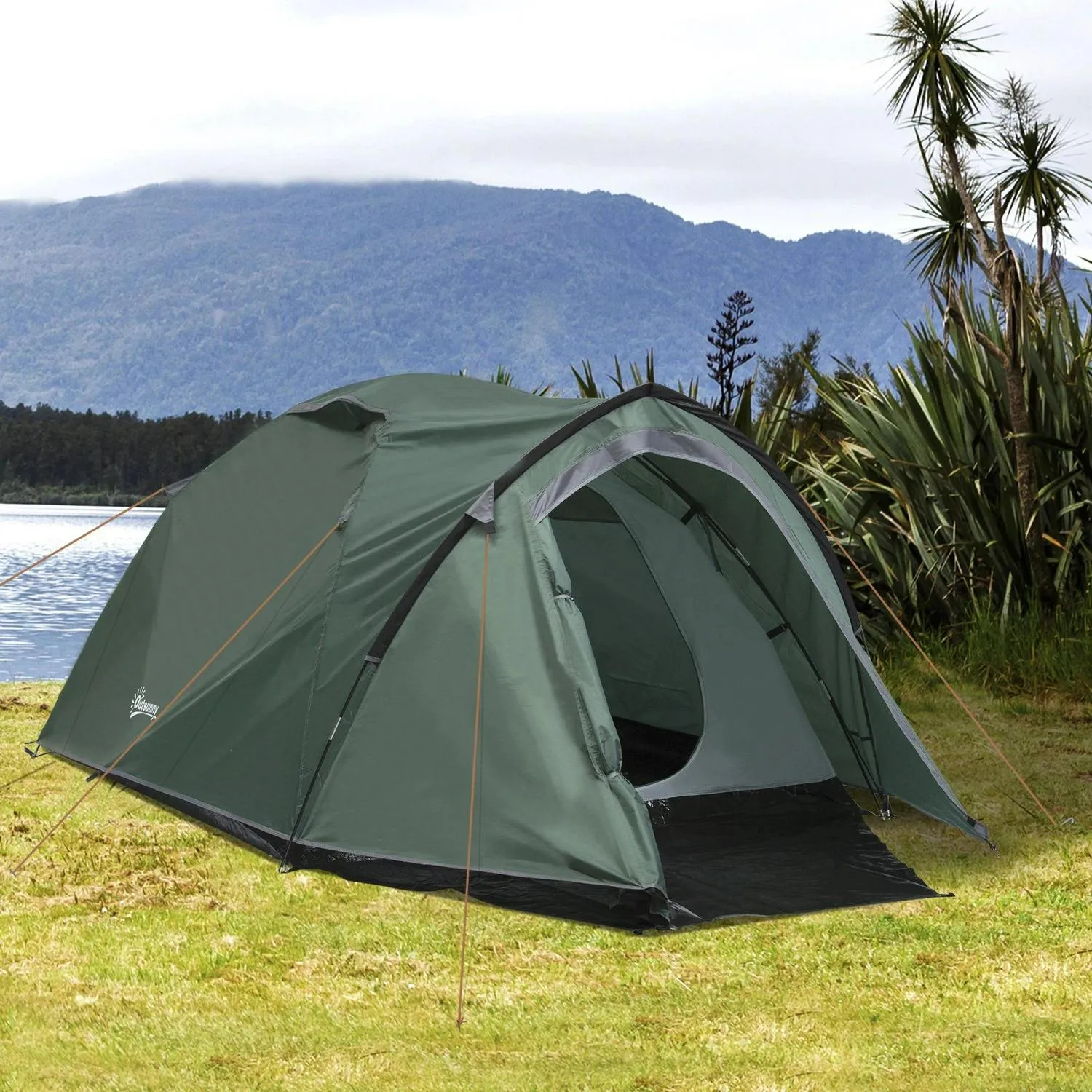 3-4 Waterproof For Green With Person Outsunny Dome Trustworthy Large Tent Family Versatile Windows