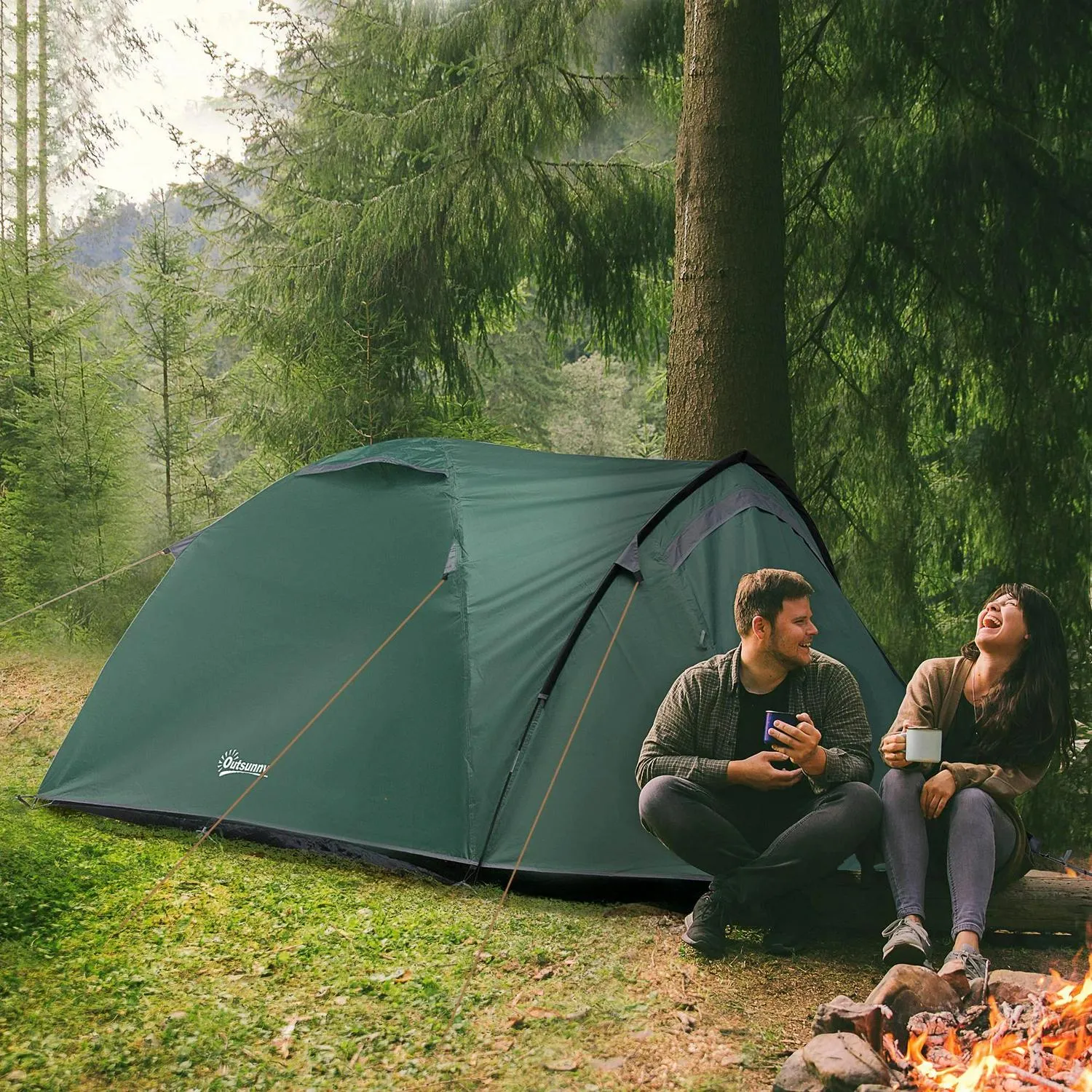 3-4 Waterproof For Green With Person Outsunny Dome Trustworthy Large Tent Family Versatile Windows