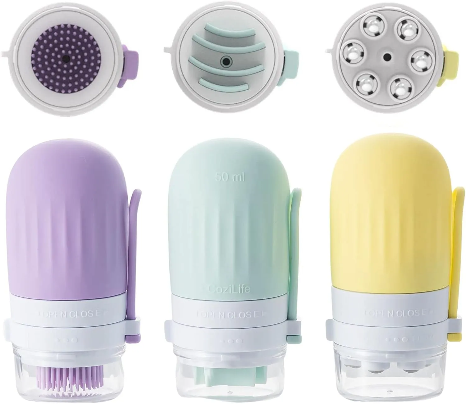 3-in-1 Facial Body Brush Bottle, Exfoliating and Facial-Lifting Scrub Bottle and Acupoint Massage Roller Bottle, 50ml/100ml, Leak Proof Travel Toiletries and Liquid Container (50 ml)
