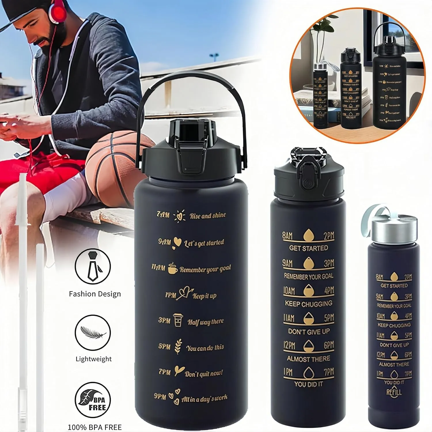 3-Piece Motivational Water Bottle Set: 9oz, 25oz, 64oz. Leakproof, BPA-Free, with Straw. Lightweight, Gradient Design. Great for Gym & Outdoor (Gradient Pink)