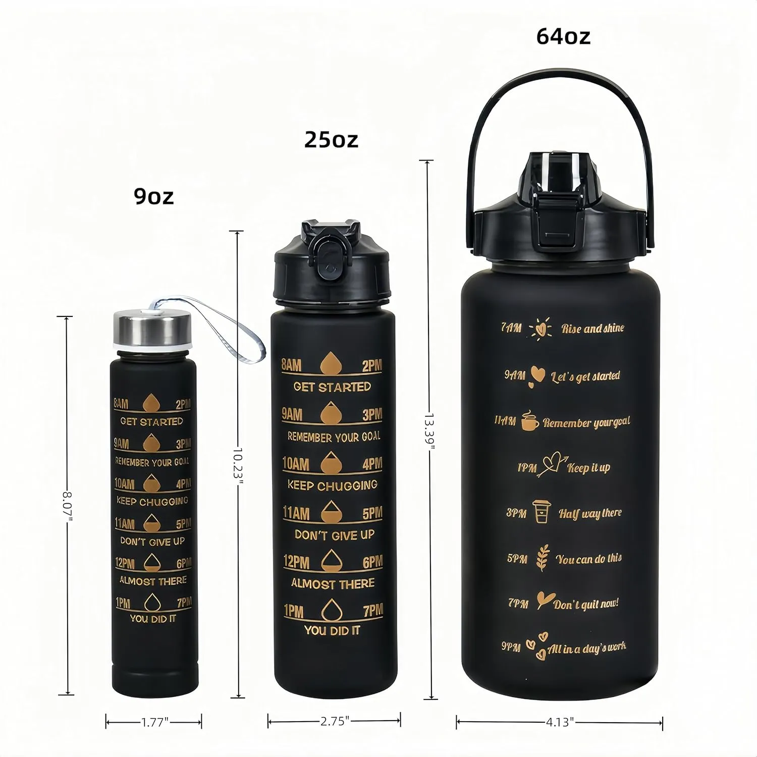 3-Piece Motivational Water Bottle Set: 9oz, 25oz, 64oz. Leakproof, BPA-Free, with Straw. Lightweight, Gradient Design. Great for Gym & Outdoor (Gradient Pink)