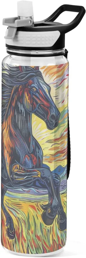 30 oz Handsome galloping horses Straw Water Bottle Tritan In BPA Free non toxic Jug with Handle for Walking Sports Collapsible
