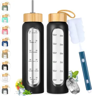 32 oz Glass Water Bottle with Straw - Motivational Time Marker & Silicone Sleeve - Reusable Tumbler Includes 2 Bamboo Lids & Fruit Infuser - 1 Pack