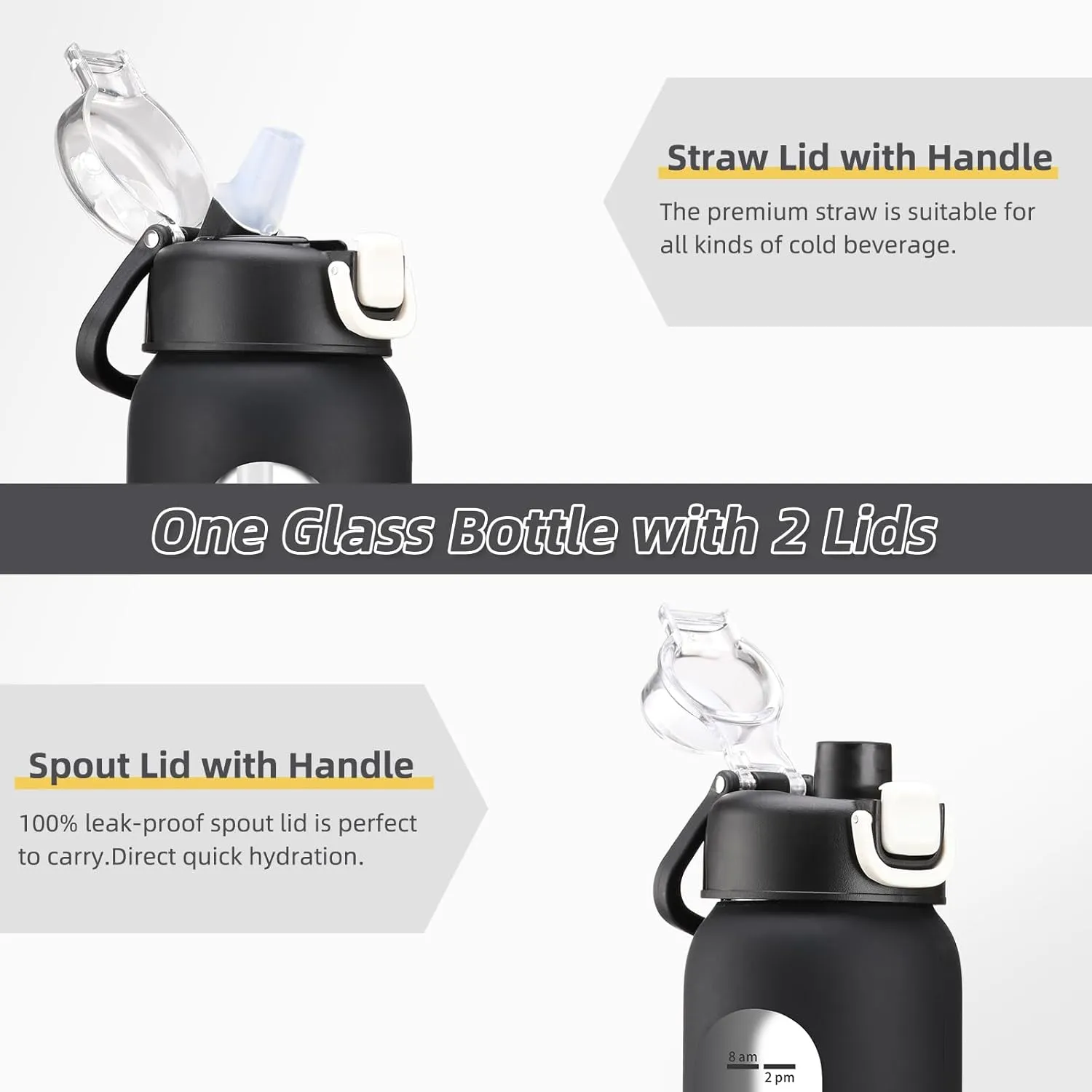 32 oz Glass Water Bottles with 2 Lids-Handle Spout Lid & Straw Lid, 1 Liter Motivational Borosilicate Water Bottle with Time Marker and Silicone Sleeve,Leakproof-Black-1 Pack