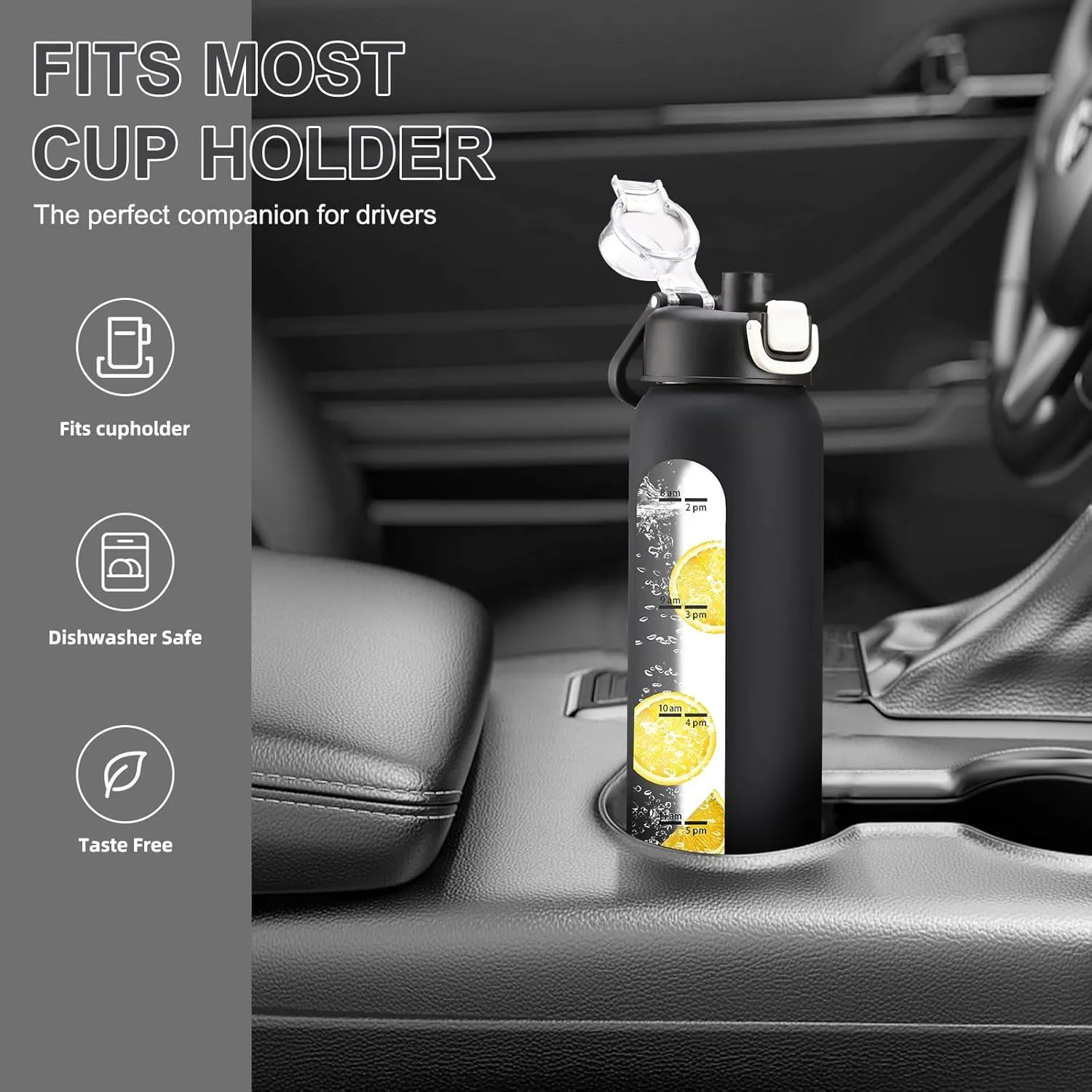 32 oz Glass Water Bottles with 2 Lids-Handle Spout Lid & Straw Lid, 1 Liter Motivational Borosilicate Water Bottle with Time Marker and Silicone Sleeve,Leakproof-Black-1 Pack