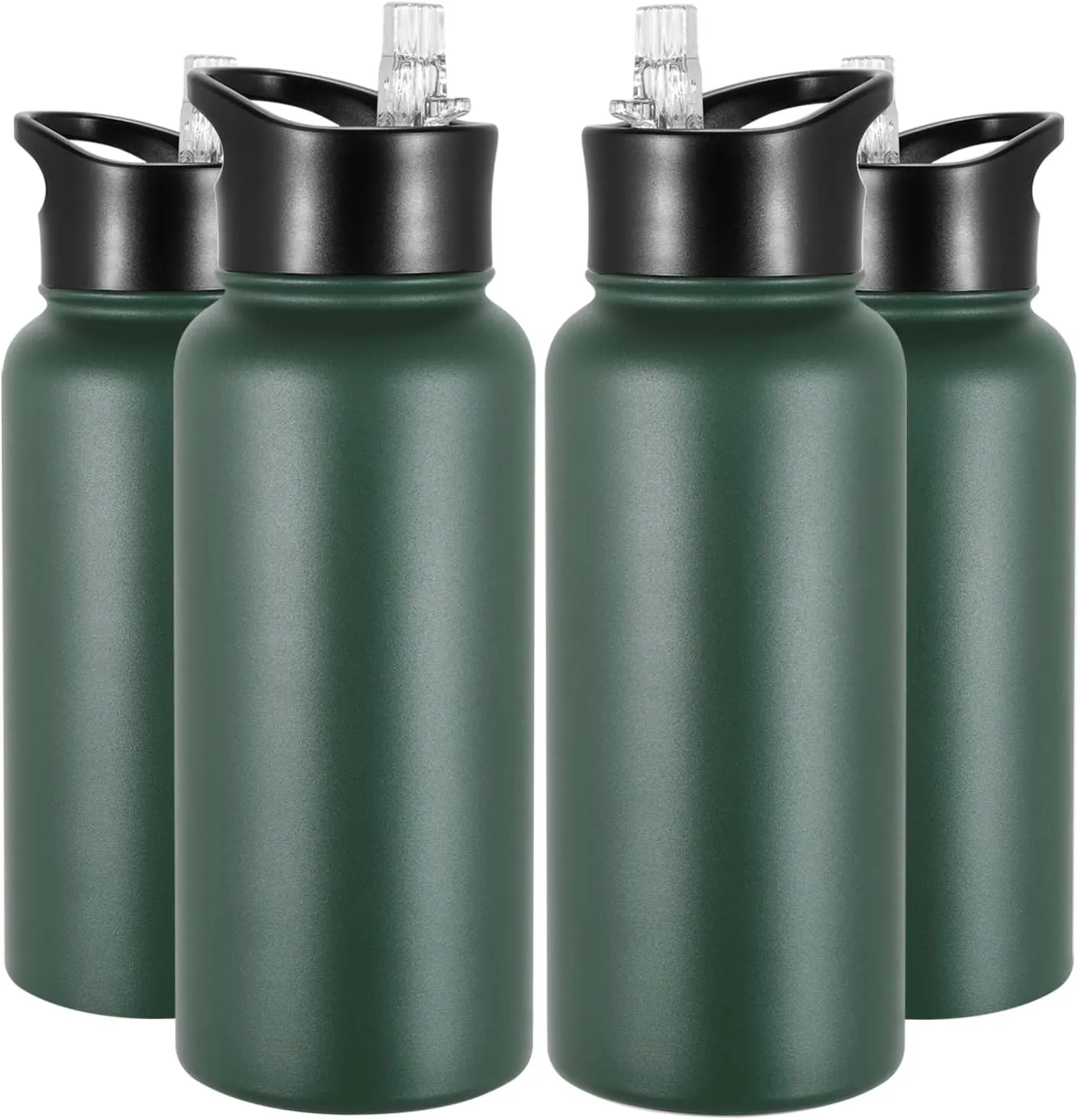 32 oz Insulated Water Bottle Bulk 4 Pack, Stainless Steel Sports Water Bottles with Straw Lid & Wide Mouth Lids, Double Walled Vacuum, Leak Proof, Dark Green