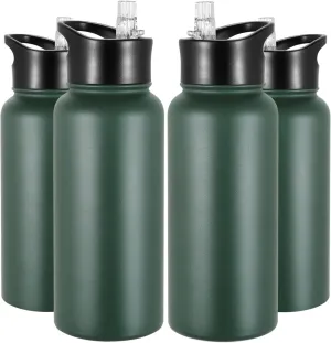 32 oz Insulated Water Bottle Bulk 4 Pack, Stainless Steel Sports Water Bottles with Straw Lid & Wide Mouth Lids, Double Walled Vacuum, Leak Proof, Dark Green