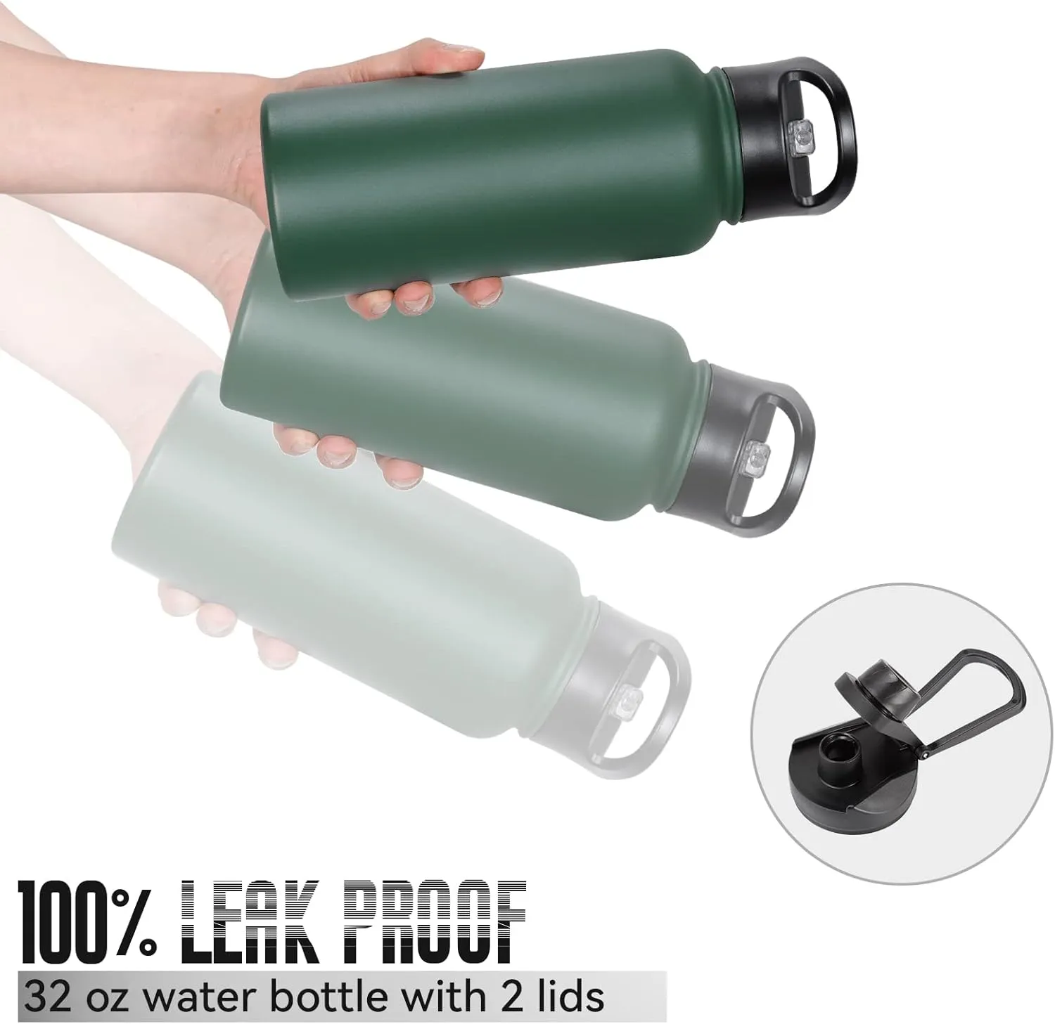 32 oz Insulated Water Bottle Bulk 4 Pack, Stainless Steel Sports Water Bottles with Straw Lid & Wide Mouth Lids, Double Walled Vacuum, Leak Proof, Dark Green