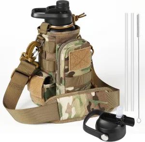 32 Oz Insulated Water Bottle - Stainless Steel Tactical Flask With Straw Lid & Chug Cap, Metal Military Water Bottle With Rugged, Removable Sleeve Can Place Items for Hiking Camping Hunting