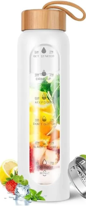 32 Oz Motivational Borosilicate Glass Water Bottle with bamboo lid, silicone sleeve (White)