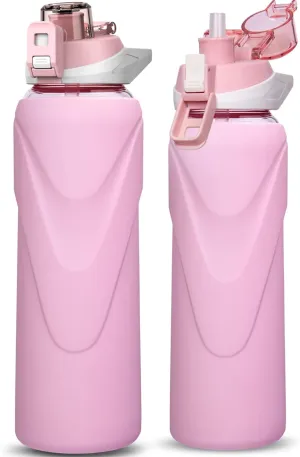 32 oz Sports Glass Water Bottle with Straw & Silicone Sleeve Reusable BPA-free Borosilicate Glass Drinking Bottle with Flip Top Lid & Handle Wide Mouth (Pastel Pink)