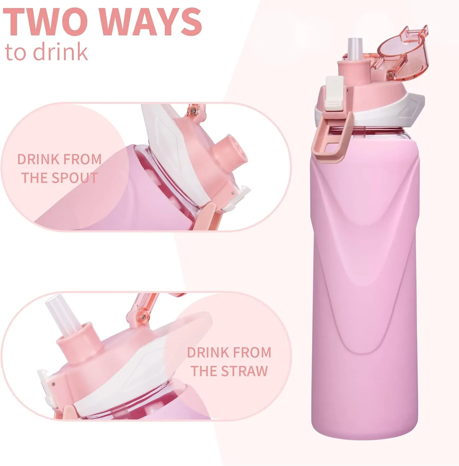 32 oz Sports Glass Water Bottle with Straw & Silicone Sleeve Reusable BPA-free Borosilicate Glass Drinking Bottle with Flip Top Lid & Handle Wide Mouth (Pastel Pink)