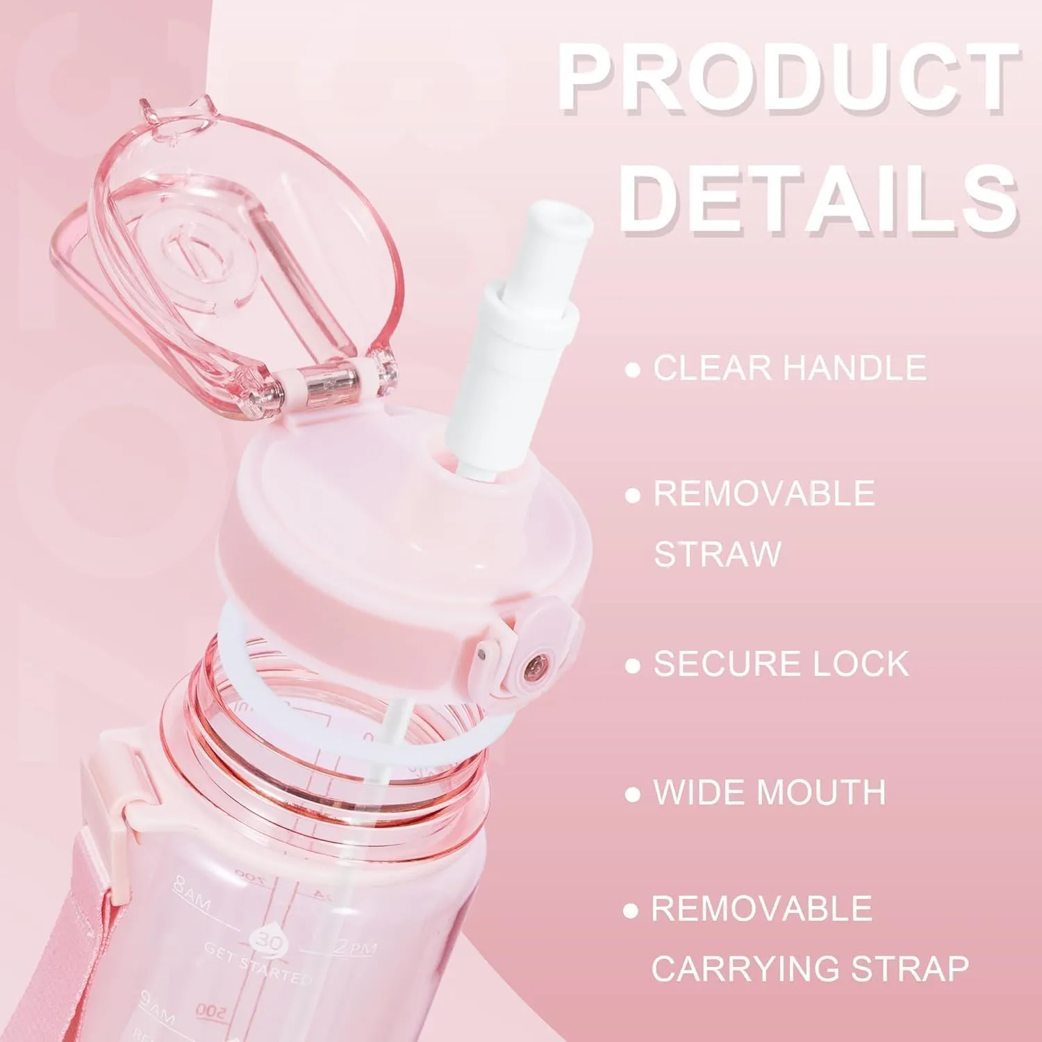 32 oz Water Bottle with Detachable Straw, Clear Motivational Water Bottles with Time to Drink, Tritan & BPA Free Sports Water Jug with Time Marker, Upgraded handle design