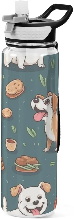 32 oz Water Bottle with Straw Tritan BPA Free Adorable Dogs and Foods Sports Water Bottle with Carry Handle LeakProof Perfect for Travel School Gym Fitness Outdoor