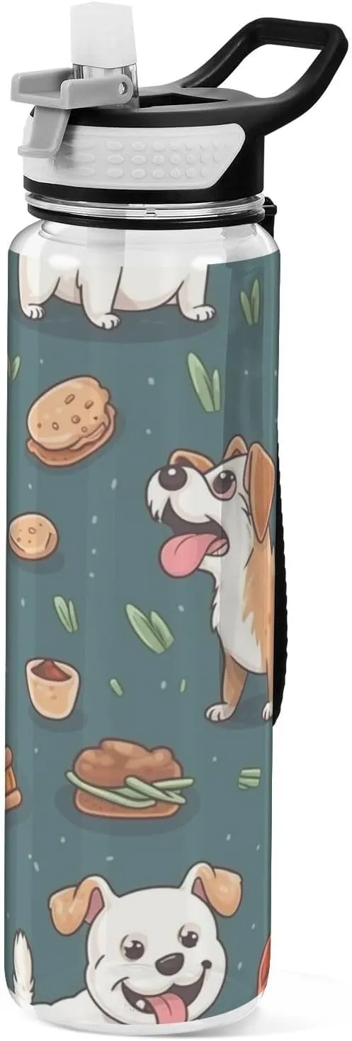 32 oz Water Bottle with Straw Tritan BPA Free Adorable Dogs and Foods Sports Water Bottle with Carry Handle LeakProof Perfect for Travel School Gym Fitness Outdoor