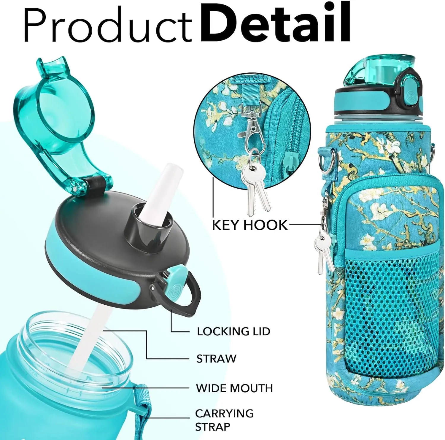 32 oz Water Bottles with Straw & Strap, Motivational Water Bottles with Times to Drink, BPA Free Reusable Sports Water Bottle with Sleeve Carrier for Hiking, Travel, Running or Fitness