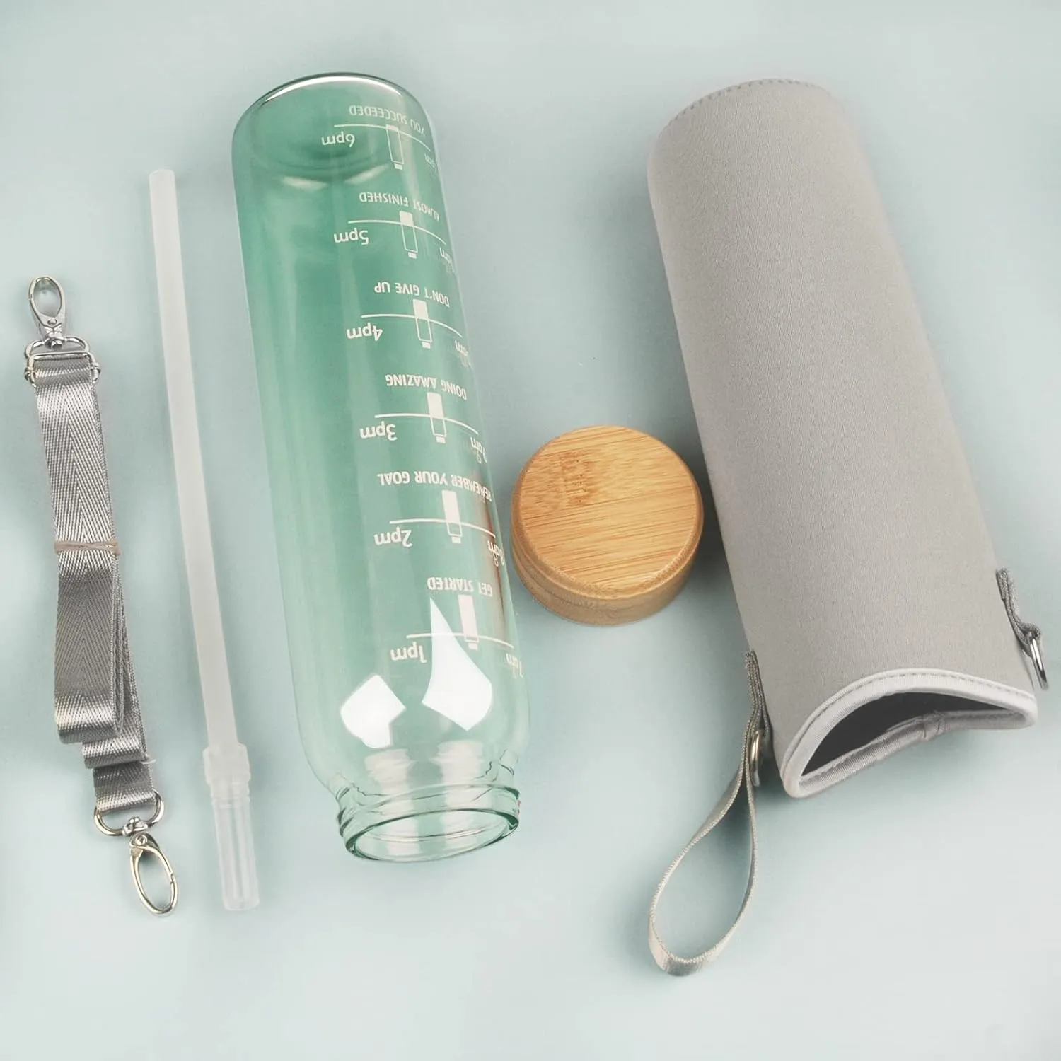 32oz Borosilicate Glass Water Bottle with Straw & Time Marker, Wide Mouth Motivational Water Bottle with Neoprene Sleeve and Bamboo Lid