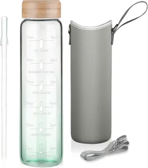 32oz Borosilicate Glass Water Bottle with Straw & Time Marker, Wide Mouth Motivational Water Bottle with Neoprene Sleeve and Bamboo Lid