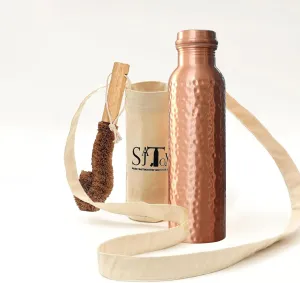 32oz Hammered Large Pure Clear Copper Water Bottle Leak Proof Travel Big Size Water Bottles for Drinking Water & Ayurvedic Health benefits With Canvas Bag & Bottle Cleaner Brush