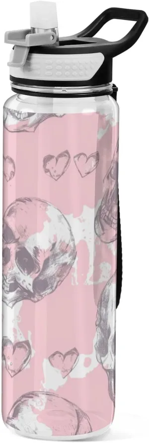 32oz Skull and Heart Pink Sport Water Bottle with Straw Tritan BPA Free non toxic Jugs for Drinking for Sports Collapsible