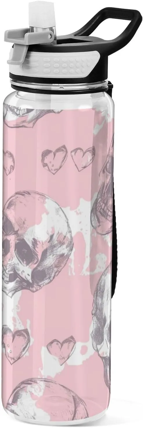 32oz Skull and Heart Pink Sport Water Bottle with Straw Tritan BPA Free non toxic Jugs for Drinking for Sports Collapsible