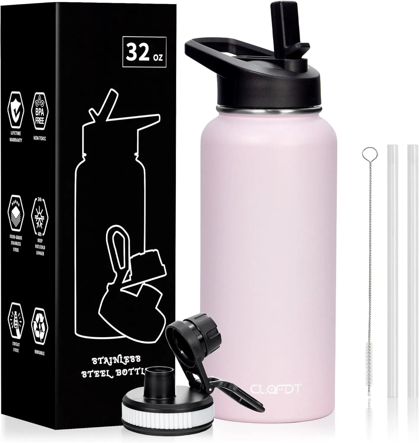 32oz Vacuum Insulated Stainless Steel Water Bottles with Straw & Spout Lids, Double Wall Sport Bottle, Sweat-Proof BPA Free, Canteen Metal Thermo Mug Hydro Cup Jug (Sakura Pink)