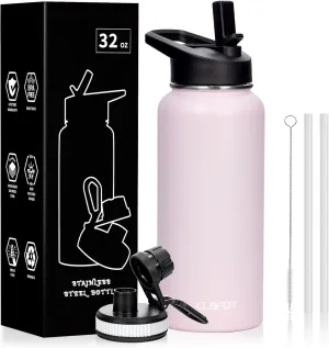 32oz Vacuum Insulated Stainless Steel Water Bottles with Straw & Spout Lids, Double Wall Sport Bottle, Sweat-Proof BPA Free, Canteen Metal Thermo Mug Hydro Cup Jug (Sakura Pink)