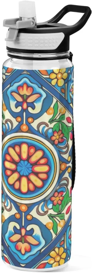 32oz Water Bottle with Straw and Flip Top Lid, Colorful Mexican Style BPA-Free Leakproof Tritan Water Bottles with Carry Strap for Gym, Fitness, and Outdoor Activities