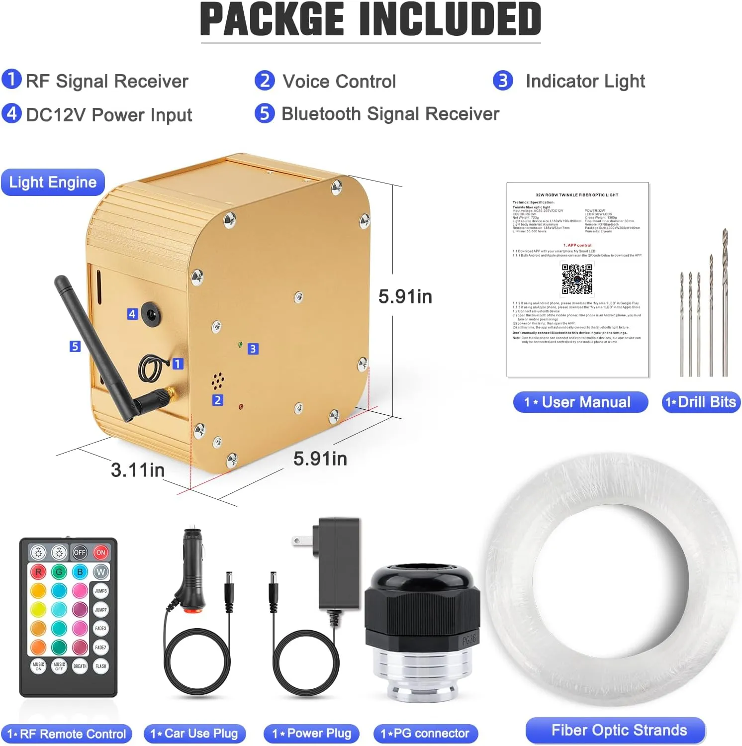 32W Twinkle Starlight Headliner Kit, 800pcs*0.03in*13.1ft LED Fiber Optic Lights Kit, Star Ceiling Light 10 Crystals Adapter Cigarette Lighter for Car Roof/Home with APP/Remote/Music Mode