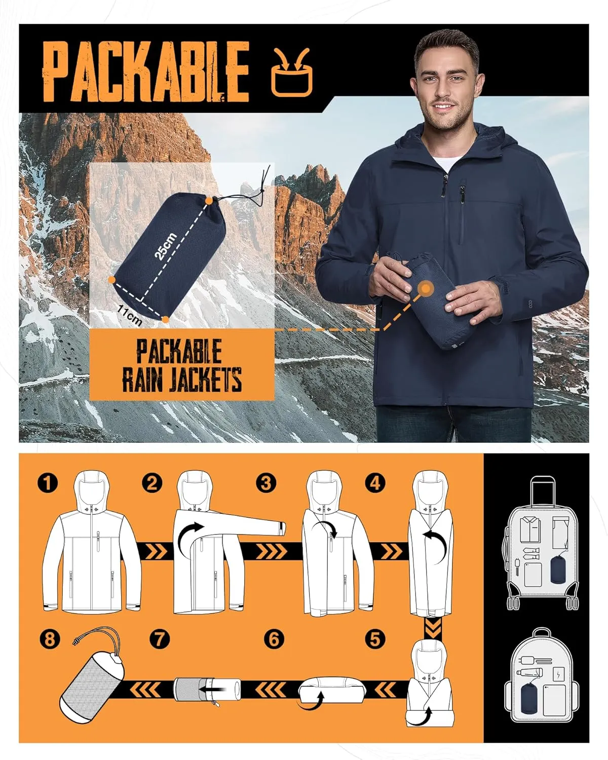 33,000ft Men's Packable Rain Jacket Lightweight Rain Shell Jacket with Hood Waterproof Raincoat for Cycling