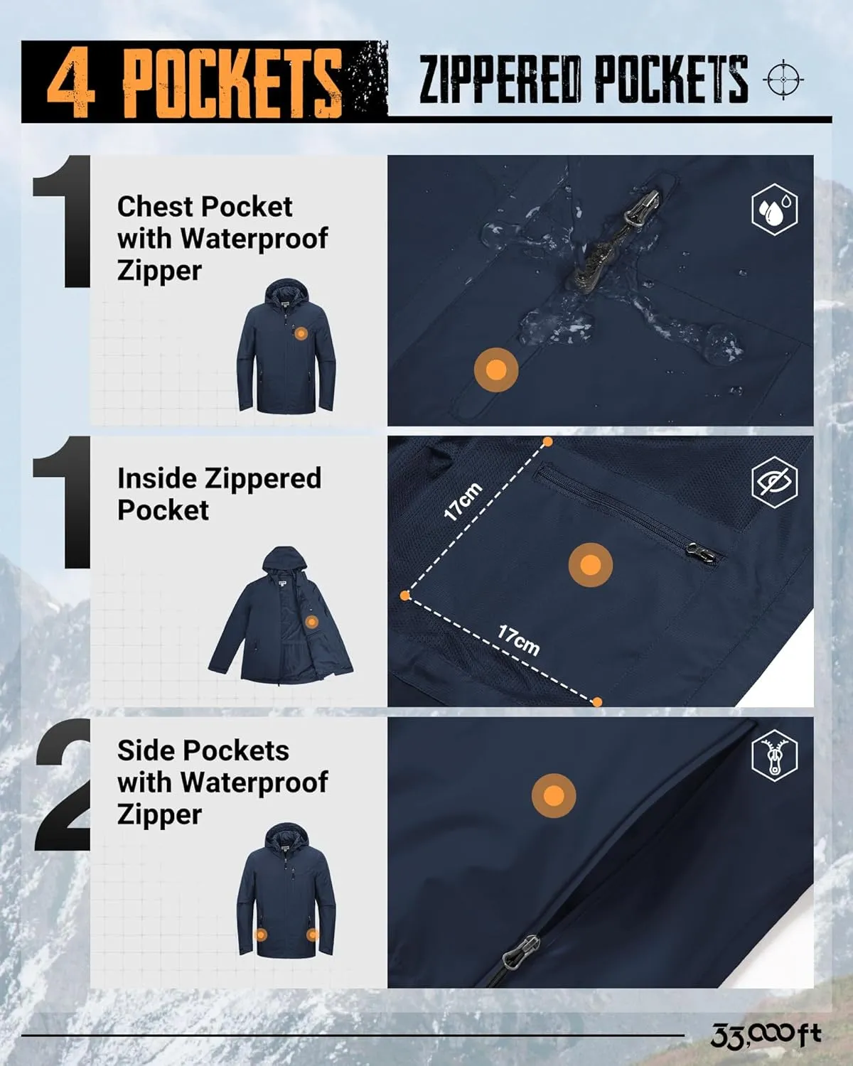 33,000ft Men's Packable Rain Jacket Lightweight Rain Shell Jacket with Hood Waterproof Raincoat for Cycling