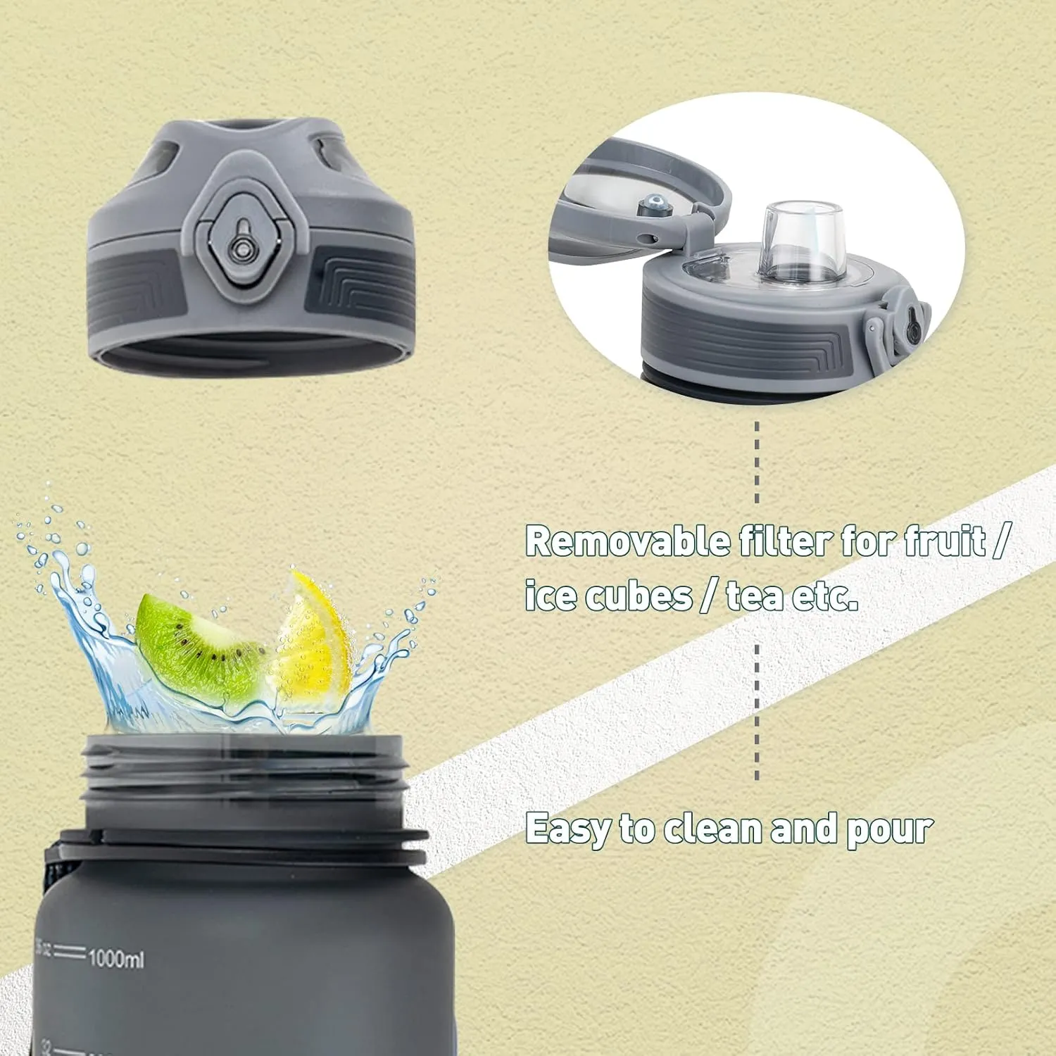 36 oz Sports Water bottle,BPA Free Drinks Water Bottles with Fruit Strainer,Leakproof Tritan BPA Free Non-Toxic Water Jug for Fitness,Gym,Sports,Outdoors,Cycling (grey)