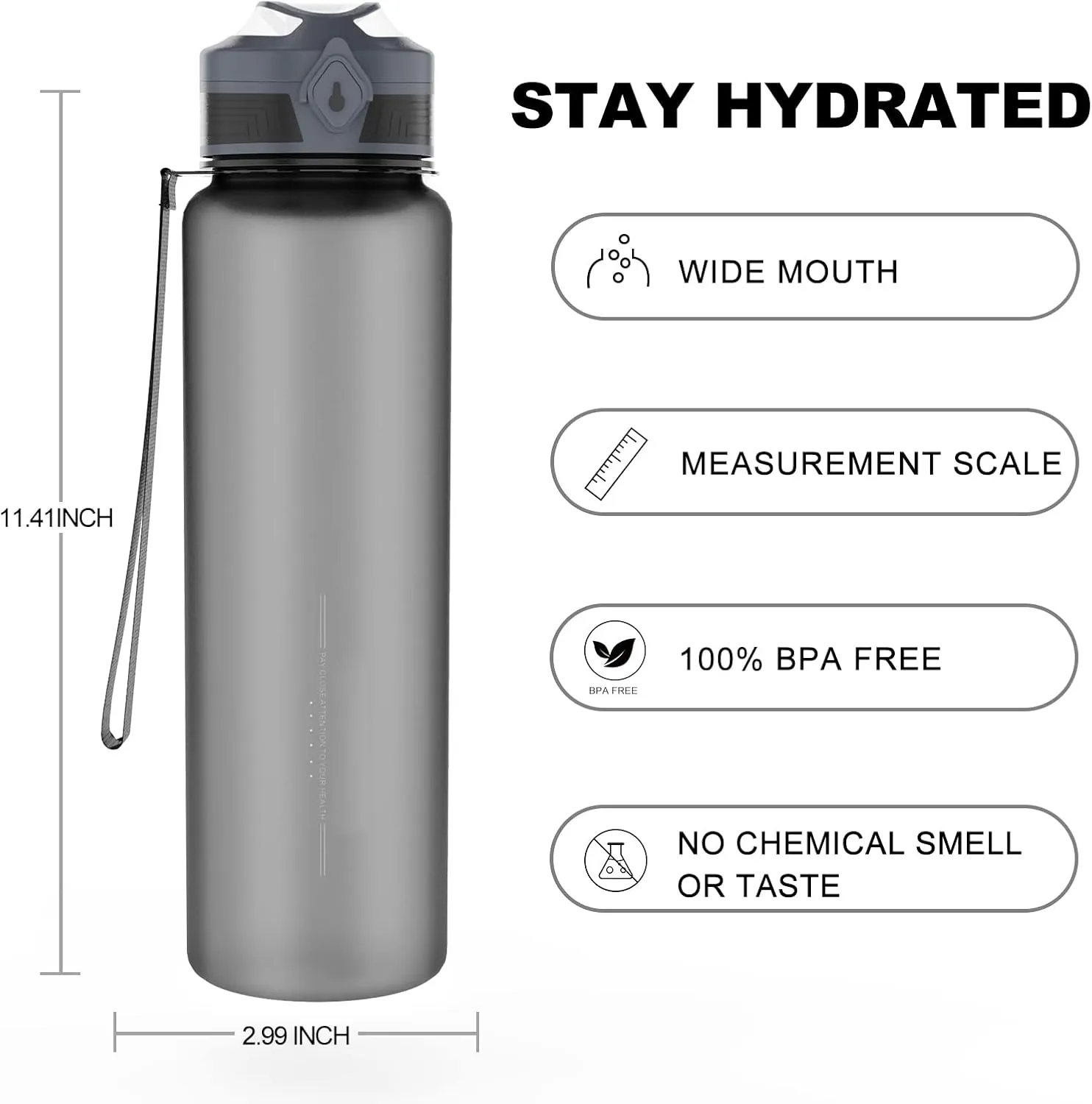 36 oz Sports Water bottle,BPA Free Drinks Water Bottles with Fruit Strainer,Leakproof Tritan BPA Free Non-Toxic Water Jug for Fitness,Gym,Sports,Outdoors,Cycling (grey)