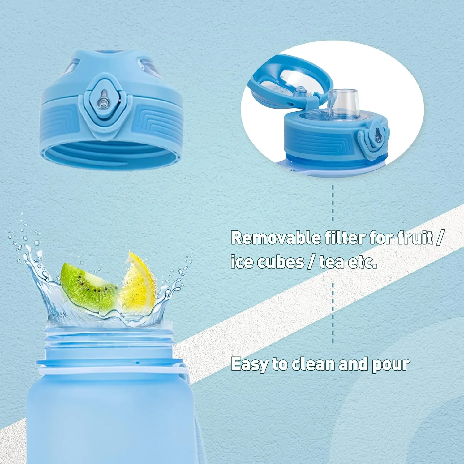 36 oz Sports Water bottle,BPA Free Drinks Water Bottles with Fruit Strainer,Leakproof Tritan BPA Free Non-Toxic Water Jug for Fitness,Gym,Sports,Outdoors,Cycling (light blue)