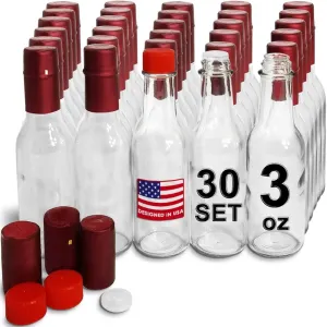 3oz Hot Sauce Bottles, Empty Clear Glass Woozy Bottles with Shrink Capsules, Small Wine Bottle with Shirnk Bands, Dasher mini Liquor Beverage/Canning Bottle DIY BBQ Sauce Shot Party Favors (RED 30)