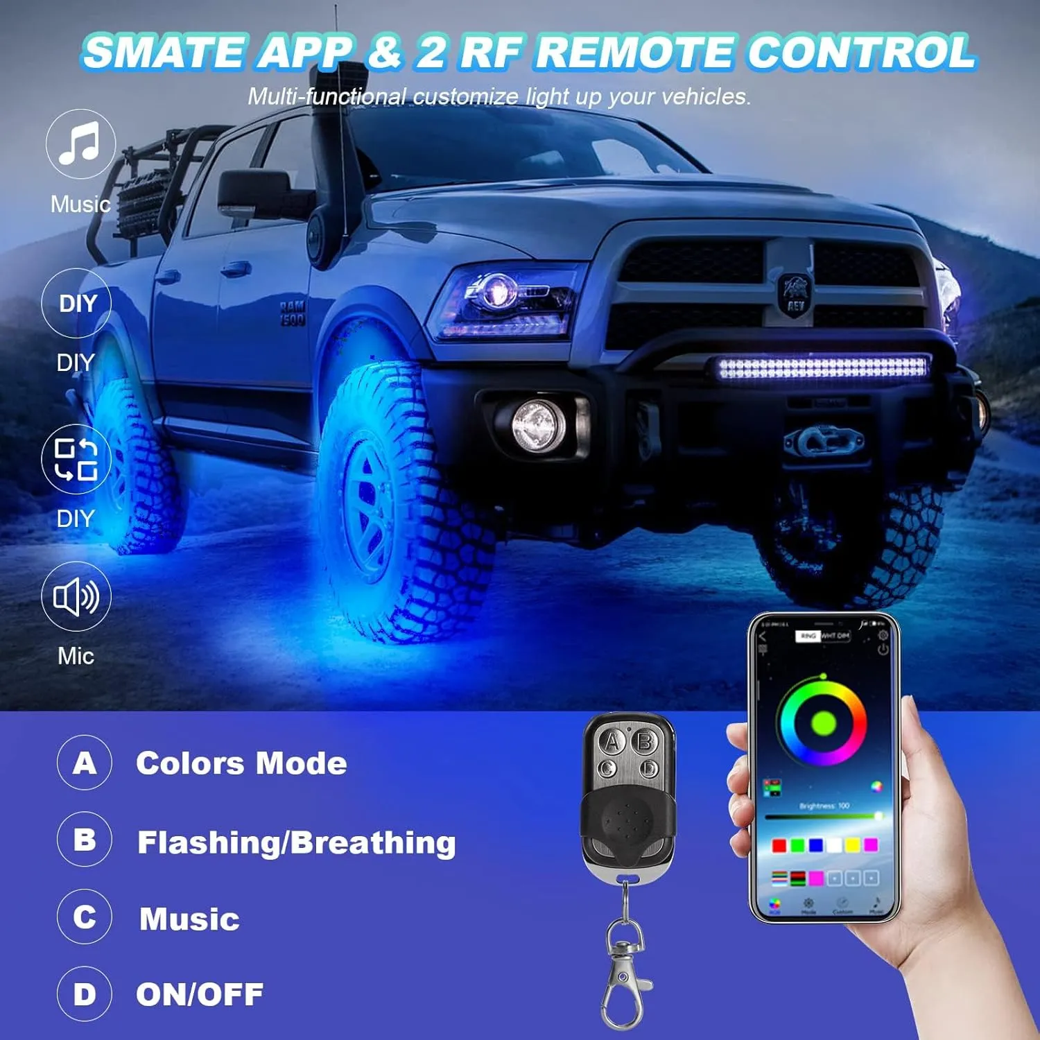 4 Pods RGB LED Rock Lights for ATV UTV Golf Cart Truck RZR Offroad SUV, Waterproof Multicolor Underglow Kit for Cars with APP Music Mode, Vehicle Accent Underbody Light Underneath 12V