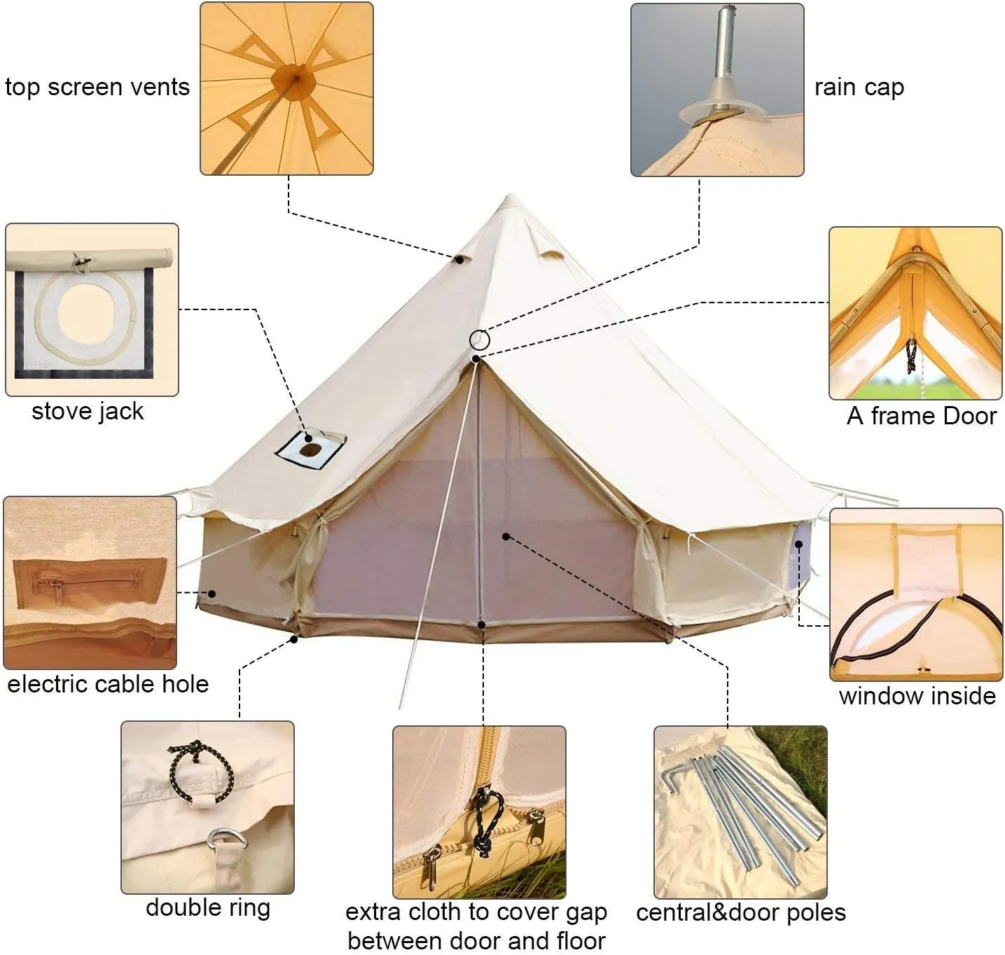 4 Season Waterproof Large Family Camping Cotton Canvas Bell Tent Beige Glamping Tent with Roof Stove Jack Hole and Electric Cable Hole