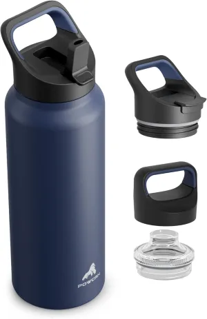 40 oz Insulated Water Bottle for Sports: 3 Lids, Leakproof, Keep Ice 24H and Hot 12H, Double Wall, Large Metal Water Flask with Handle for Camping, Hiking, Outdoors, Workout, Travel (Navy Blue)