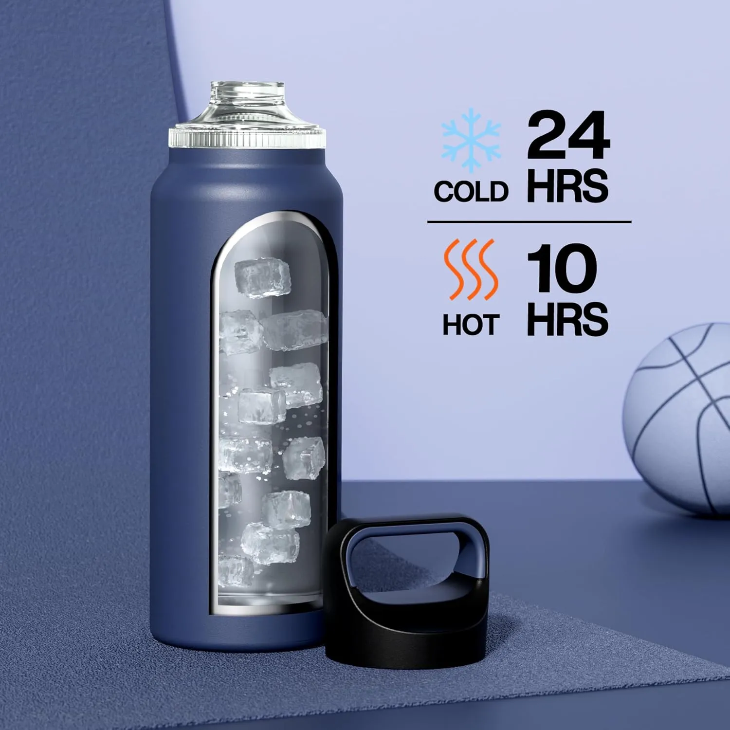 40 oz Insulated Water Bottle for Sports: 3 Lids, Leakproof, Keep Ice 24H and Hot 12H, Double Wall, Large Metal Water Flask with Handle for Camping, Hiking, Outdoors, Workout, Travel (Navy Blue)