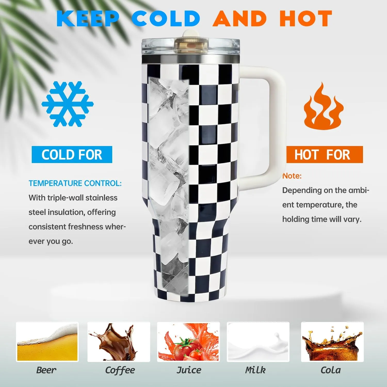 40 oz Tumbler with Handle Quenchers ProTour Detachable Flip Straw Lid Tumbler,Vacuum Insulated Tumblers with Top Leak Proof Lids and Flip Straw,Reusable Insulated Cup (A-Black White Check, 40 oz)